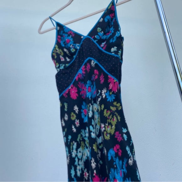 Y2K 100% Silk Black Multicolor Floral & Polka Dot Slip Dress Size 1/2 - Picture 4 of 10